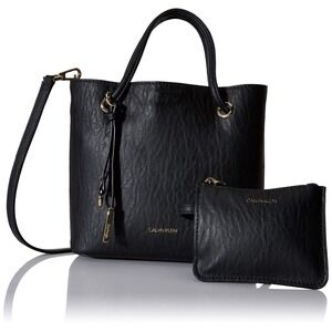 NWT Calvin Klein Gabrianna Mini Tote Crossbody Black Gold + Pouch